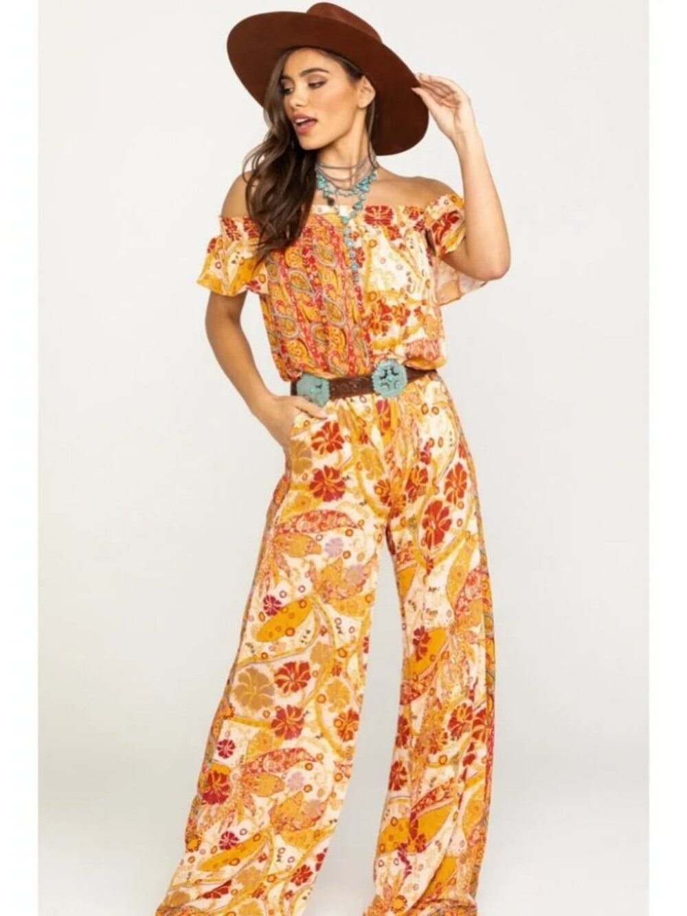 NWT FREE PEOPLE Carmen Boho Paisley Floral Off Shoulder Wide-Leg Jumpsuit XS